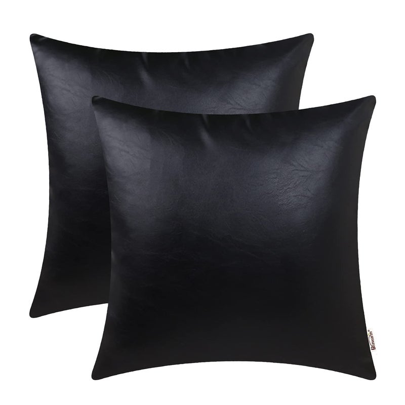 BRAWARM Faux Leather Throw Pillow Covers 16 X 16 Inches - Black Leather Pilow Covers Pack of 2, Solid Dyed Leather Pillowcases for Couch Bed Sofa Garden Home Decorative - Image 1
